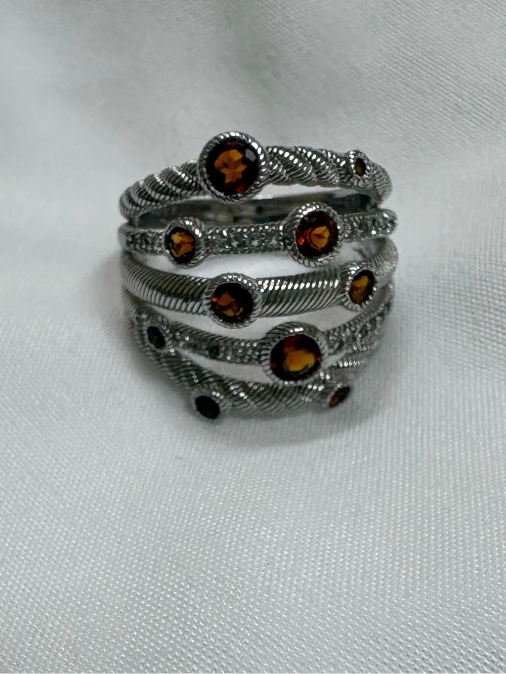 Judith Ripka Silver Multi-Band Ring with Deep Red Stones